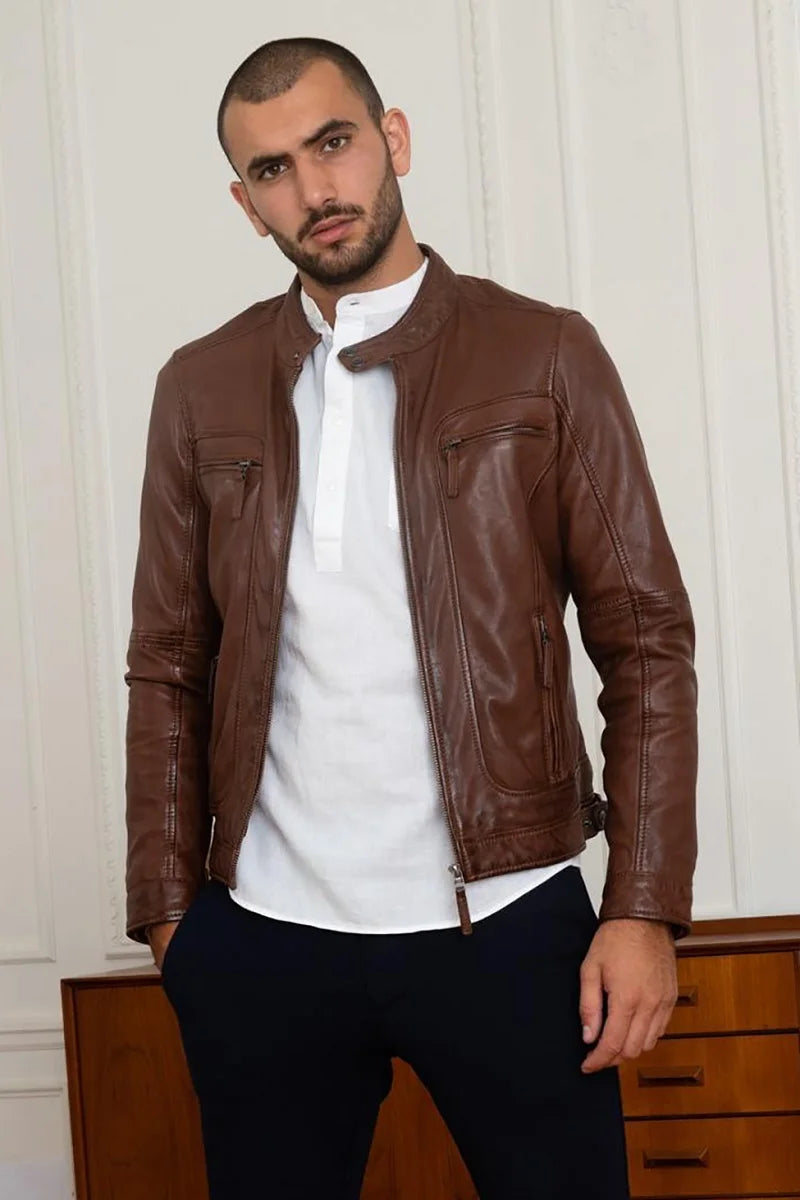 Asphalt Men Brown Leather Jacket - Taushif #