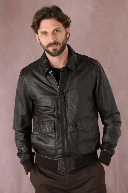 Knight Men Black Leather Bomber Jacket - Taushif #