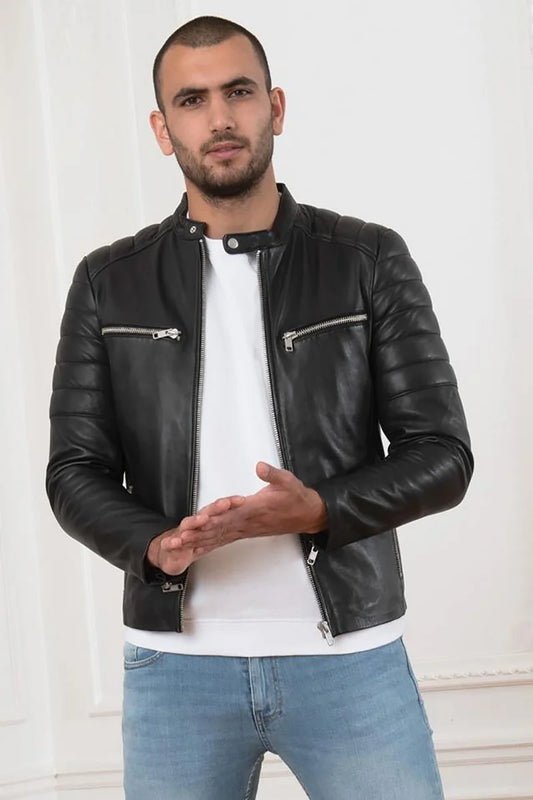 Chrome Men Black Leather Jacket - Taushif #