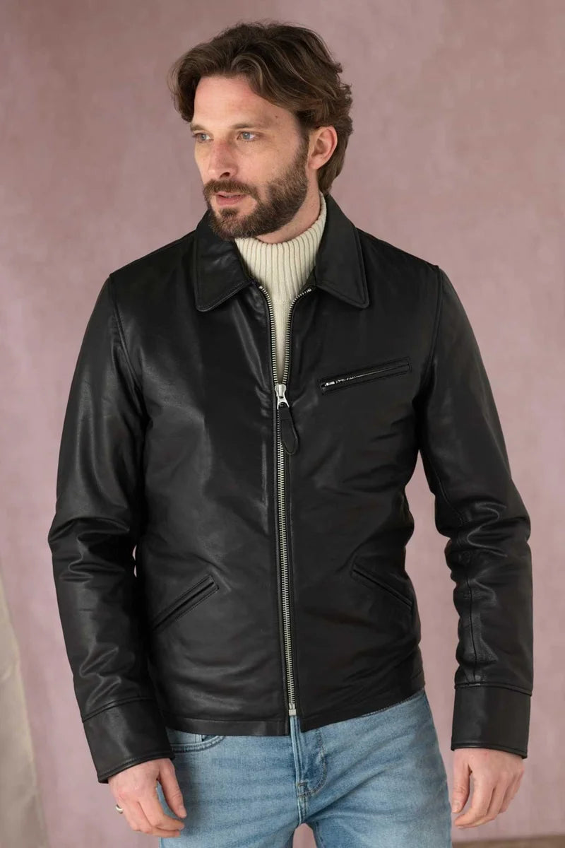 Classic Men Black Leather Jacket - Taushif #