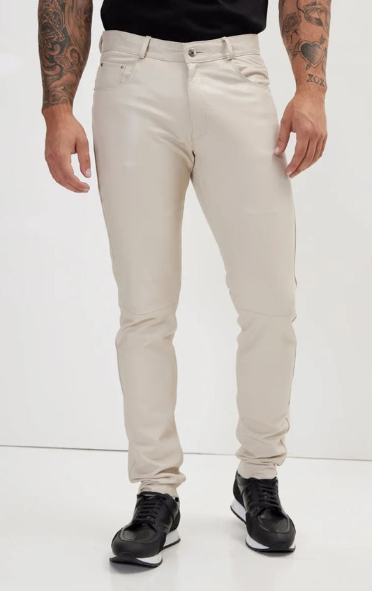 Men Genuine Lambskin Leather Pants Beige - Taushif #