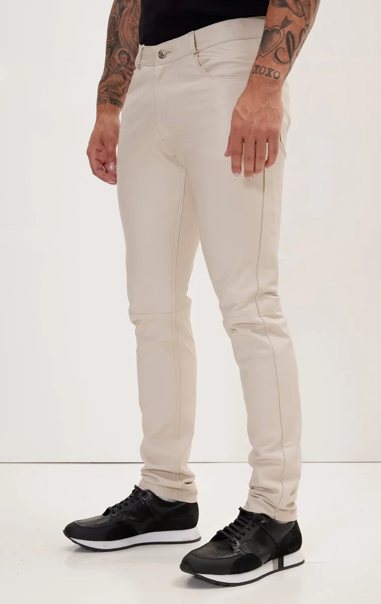 Men Genuine Lambskin Leather Pants Beige - Taushif #