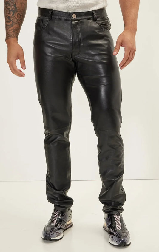 Men Genuine Lambskin Leather Pants Black - Taushif #