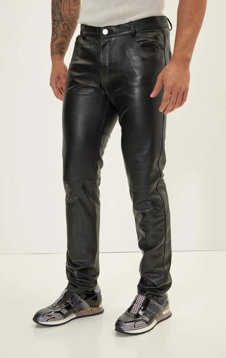 Men Genuine Lambskin Leather Pants Black - Taushif #