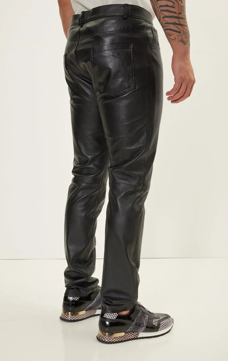 Men Genuine Lambskin Leather Pants Black - Taushif #