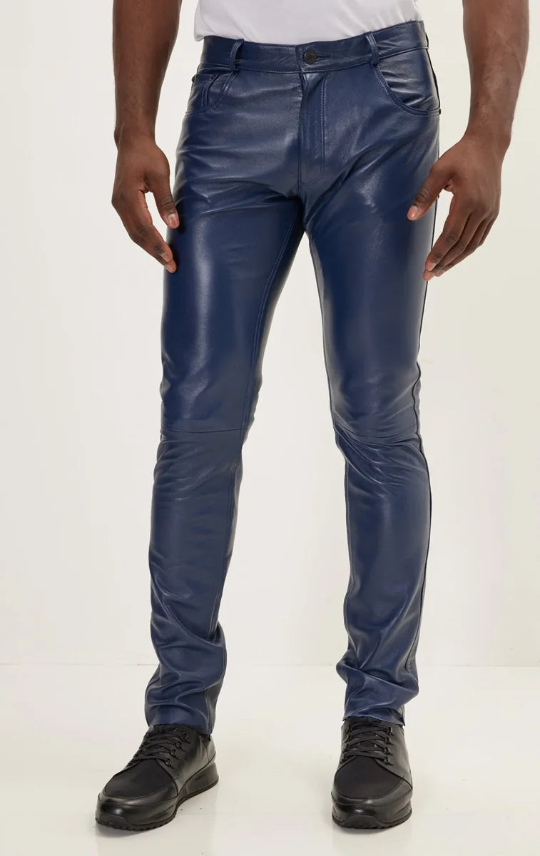 Men Genuine Lambskin Leather Pants Blue - Taushif #