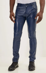 Men Genuine Lambskin Leather Pants Blue - Taushif #