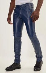 Men Genuine Lambskin Leather Pants Blue - Taushif #