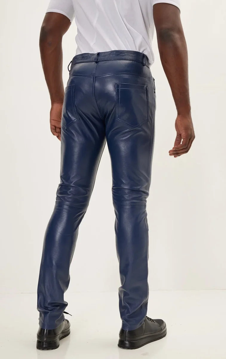 Men Genuine Lambskin Leather Pants Blue - Taushif #