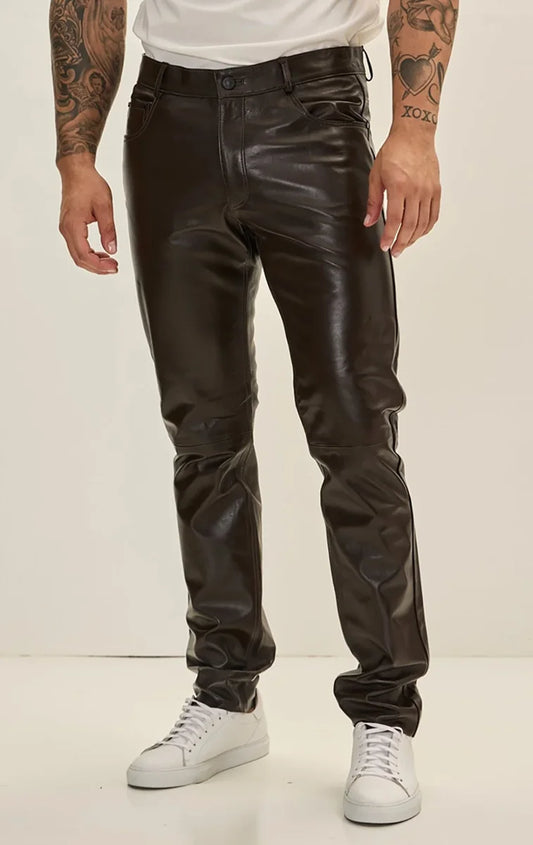 Men Genuine Lambskin Leather Pants Brown - Taushif #