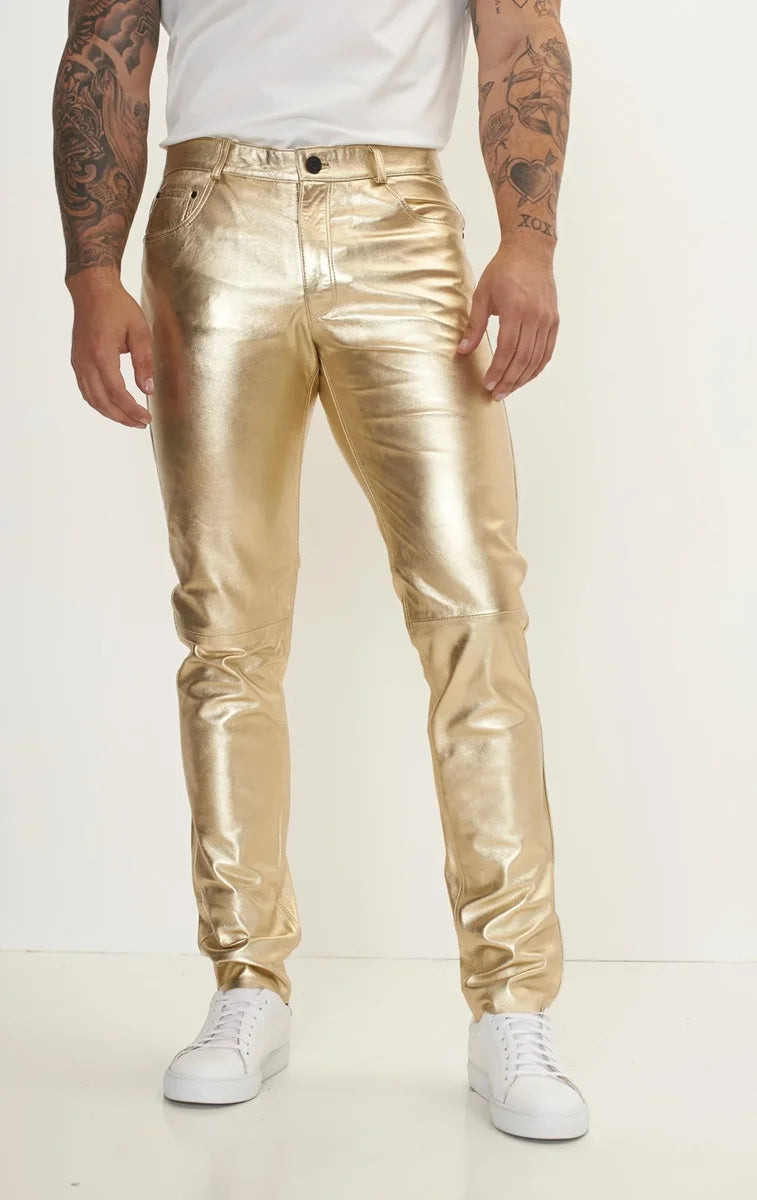 Men Genuine Lambskin Leather Pants Gold - Taushif #