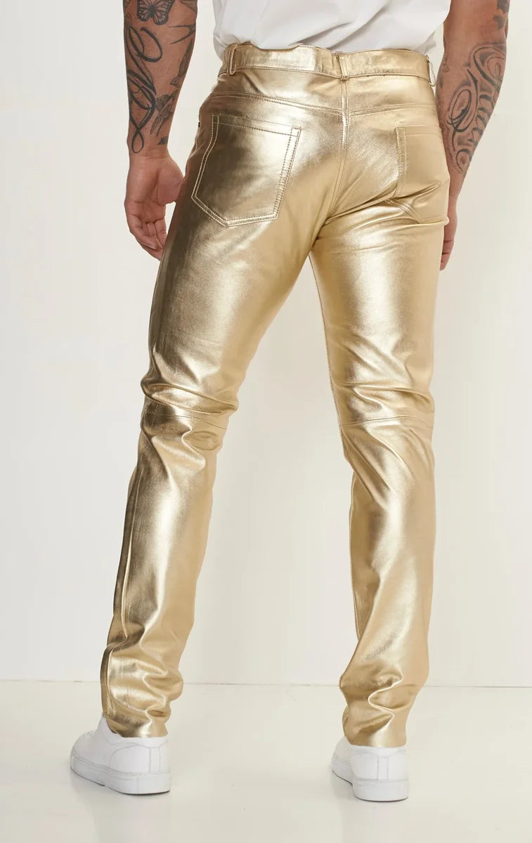 Men Genuine Lambskin Leather Pants Gold - Taushif #