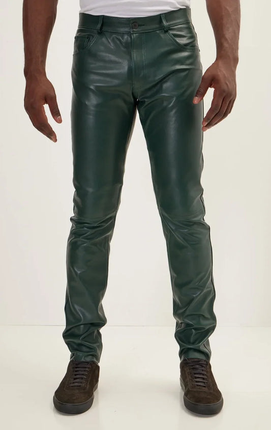 Men Genuine Lambskin Leather Pants Green - Taushif #