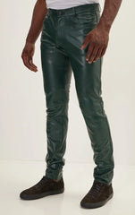 Men Genuine Lambskin Leather Pants Green - Taushif #