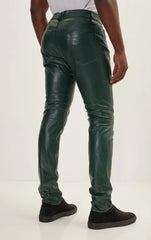 Men Genuine Lambskin Leather Pants Green - Taushif #