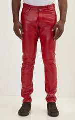 Men Genuine Lambskin Leather Pants Red - Taushif #