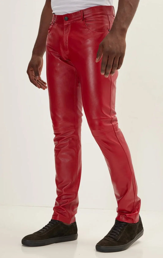 Men Genuine Lambskin Leather Pants Red - Taushif #