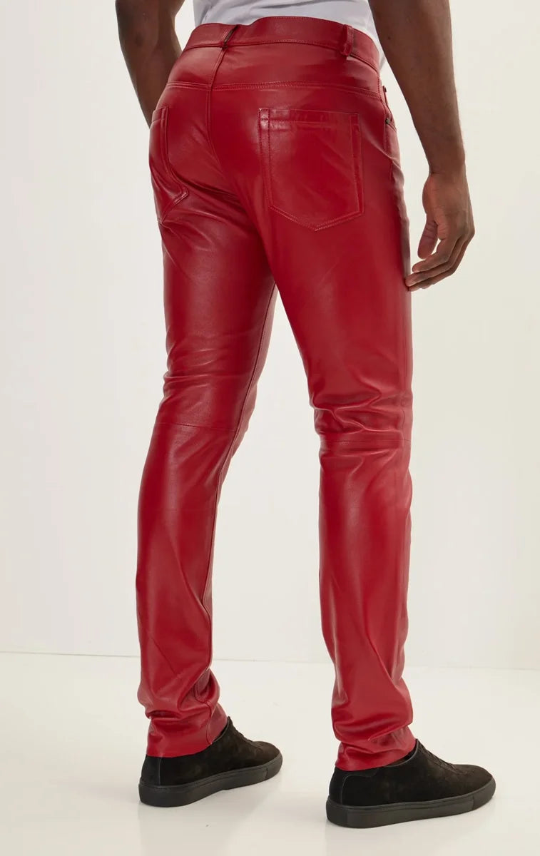 Men Genuine Lambskin Leather Pants Red - Taushif #