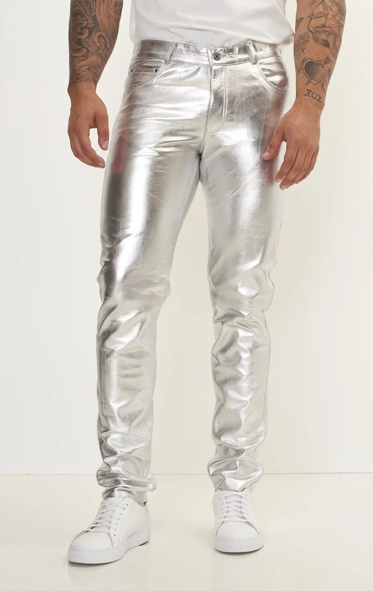 Men Genuine Lambskin Leather Pants Silver - Taushif #