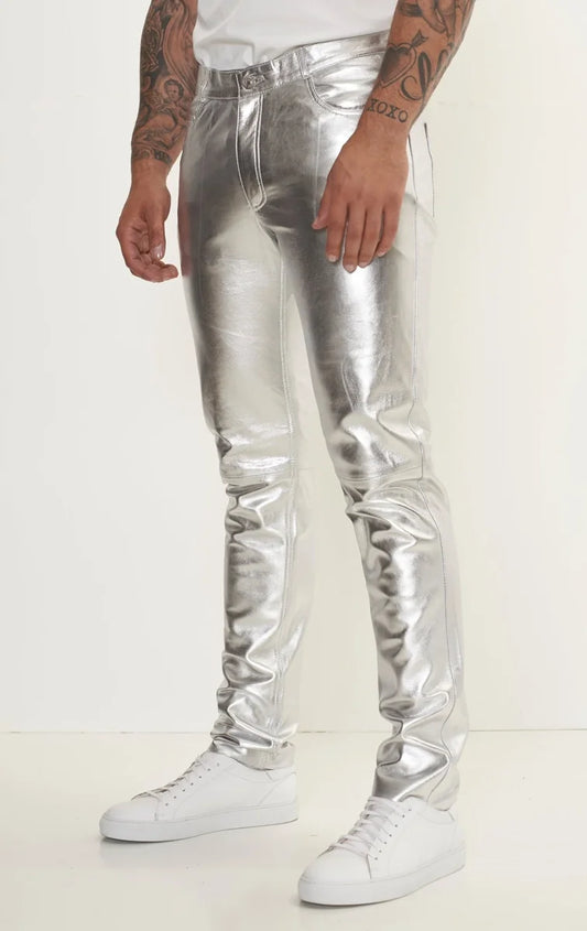 Men Genuine Lambskin Leather Pants Silver - Taushif #