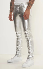 Men Genuine Lambskin Leather Pants Silver - Taushif #