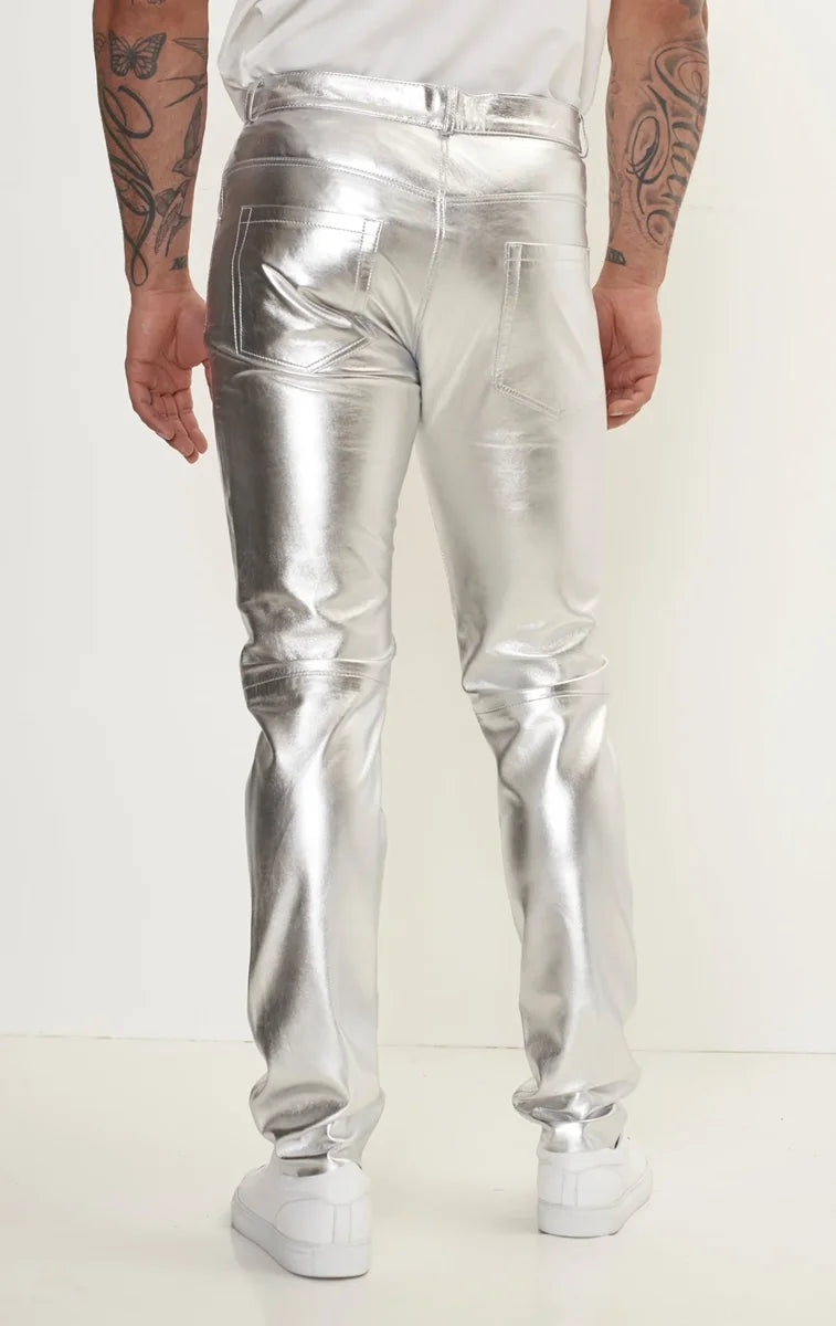 Men Genuine Lambskin Leather Pants Silver - Taushif #