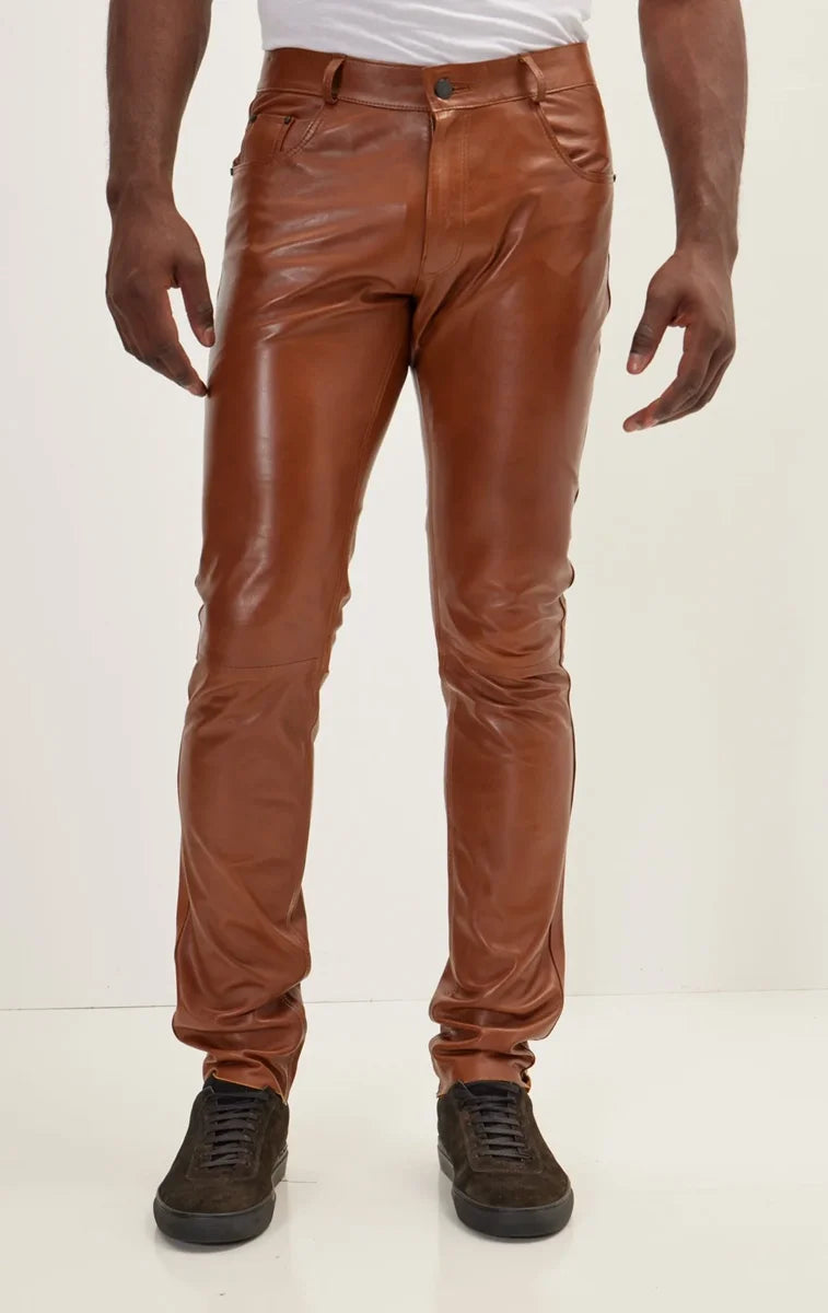 Men Genuine Lambskin Leather Pants Tan - Taushif #