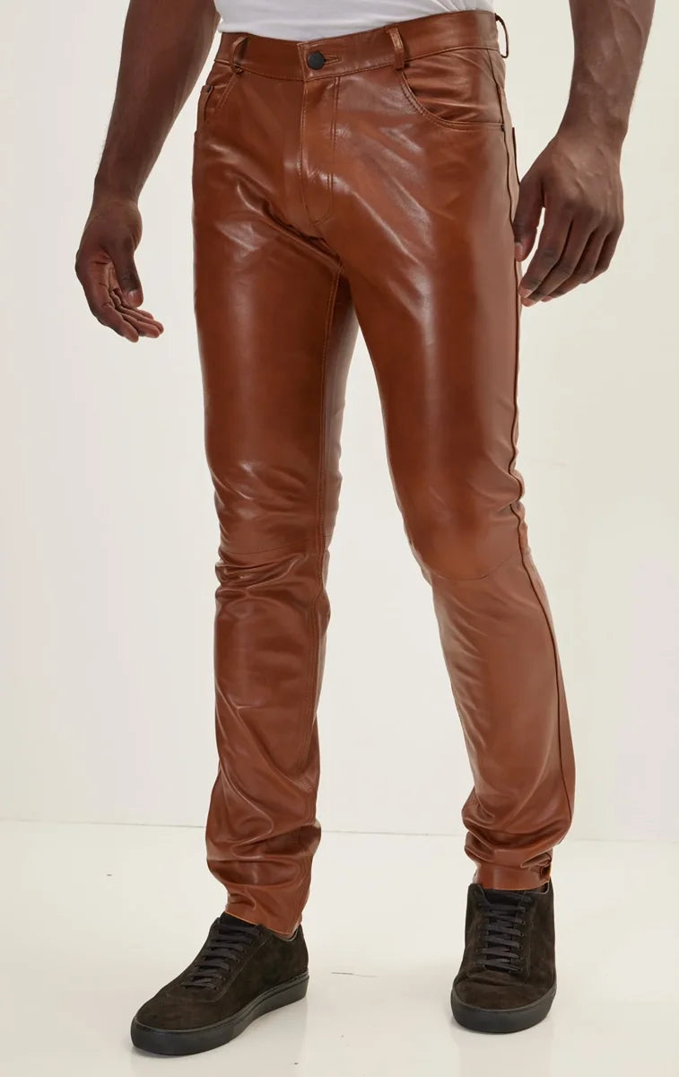 Men Genuine Lambskin Leather Pants Tan - Taushif #