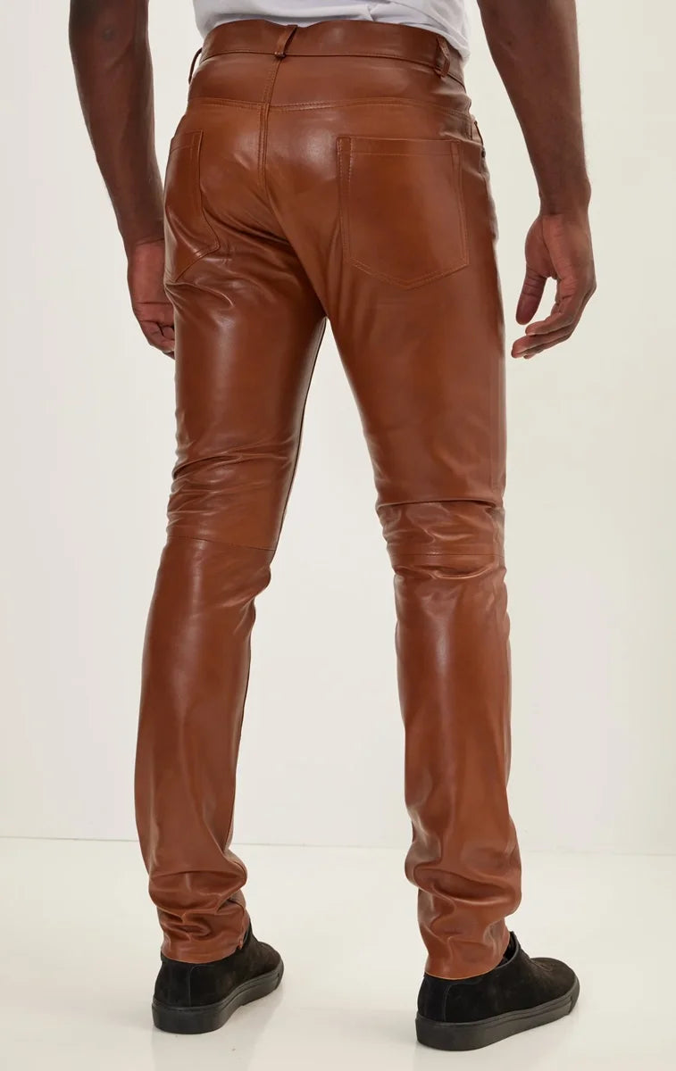 Men Genuine Lambskin Leather Pants Tan - Taushif #