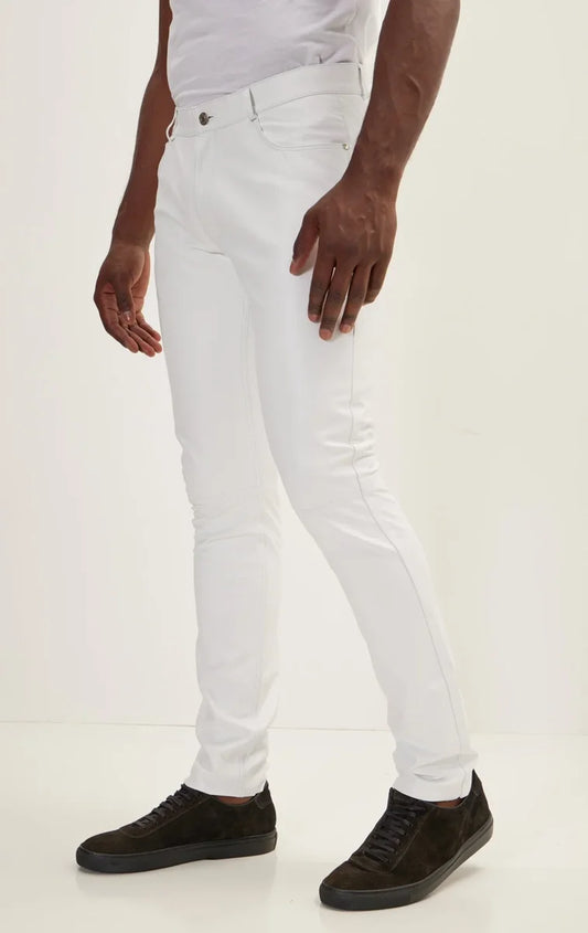 Men Genuine Lambskin Leather Pants White - Taushif #