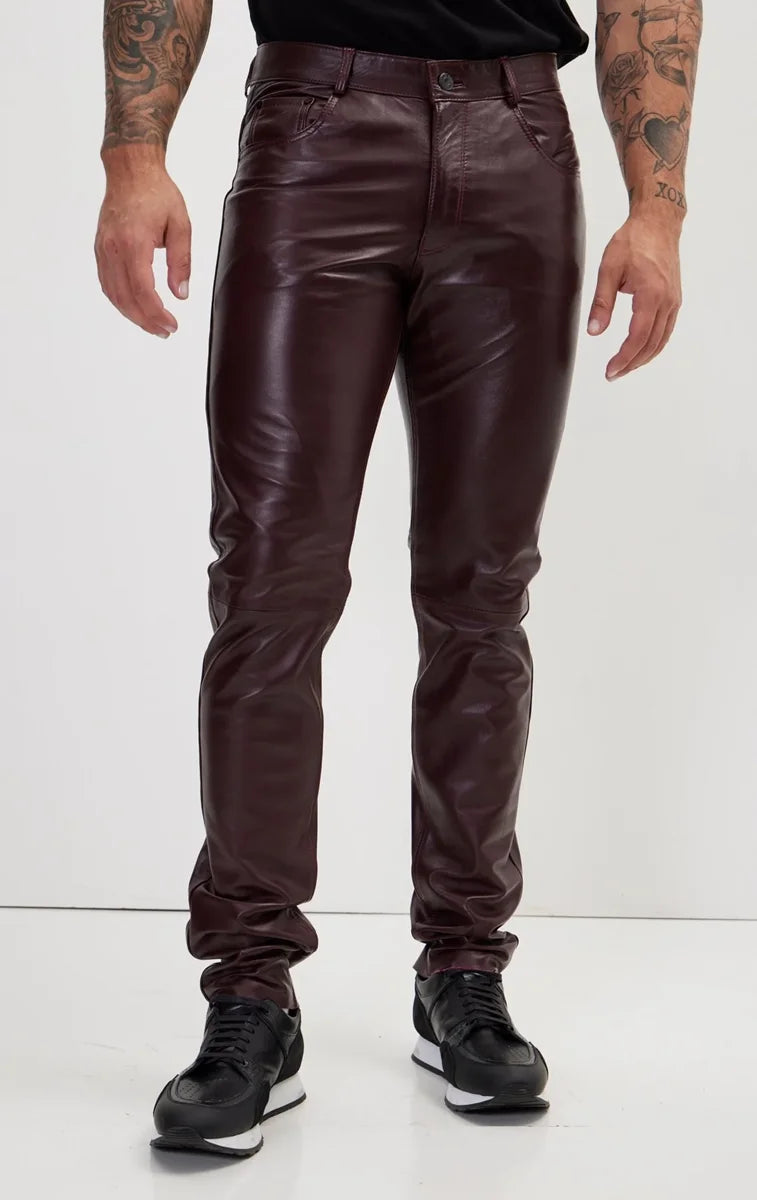 Men Genuine Lambskin Leather Pants Wine - Taushif #