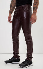 Men Genuine Lambskin Leather Pants Wine - Taushif #