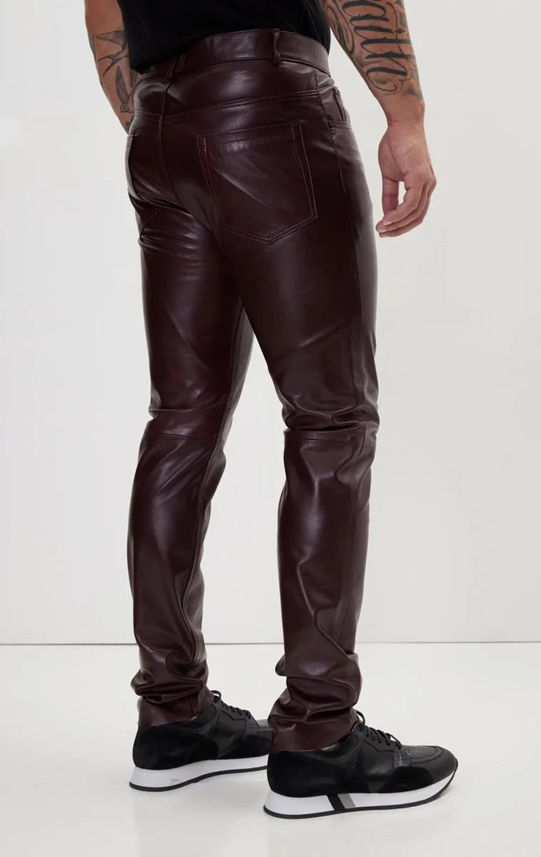 Men Genuine Lambskin Leather Pants Wine - Taushif #