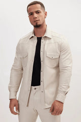 Men Genuine Lambskin Leather Shirt Beige - Taushif #