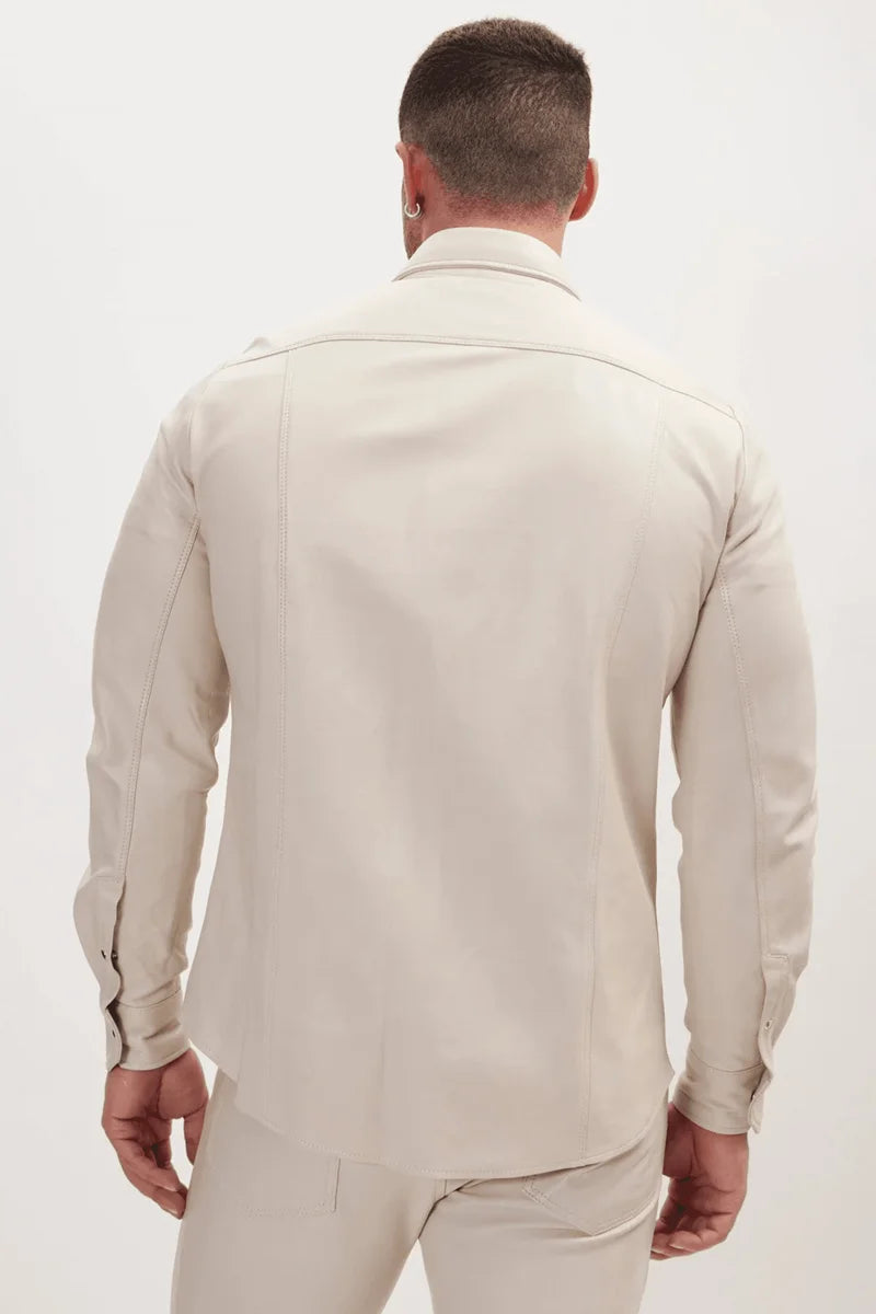 Men Genuine Lambskin Leather Shirt Beige - Taushif #