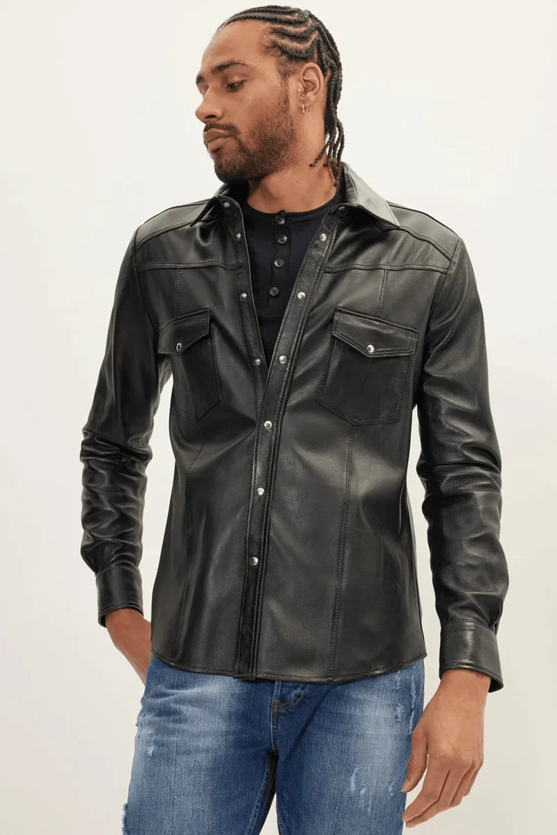 Men Genuine Lambskin Leather Shirt Black - Taushif #