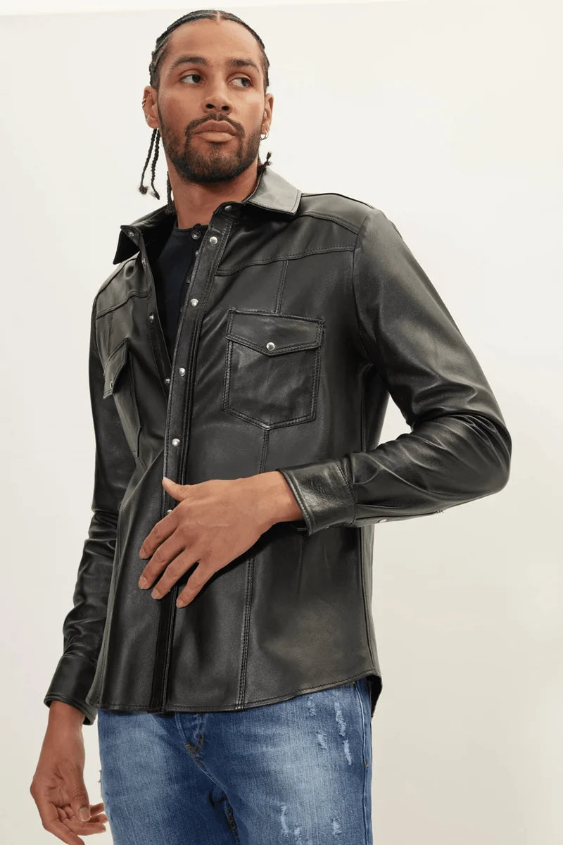 Men Genuine Lambskin Leather Shirt Black - Taushif #