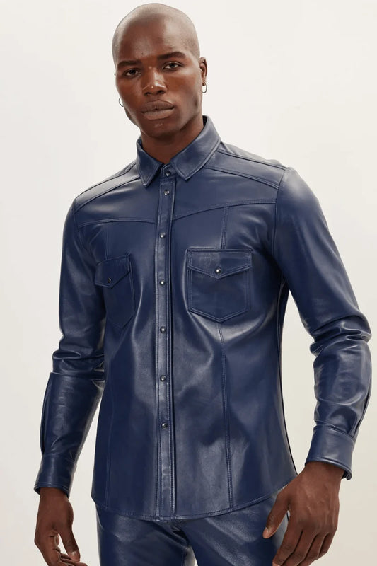 Men Genuine Lambskin Leather Shirt Blue - Taushif #