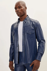 Men Genuine Lambskin Leather Shirt Blue - Taushif #