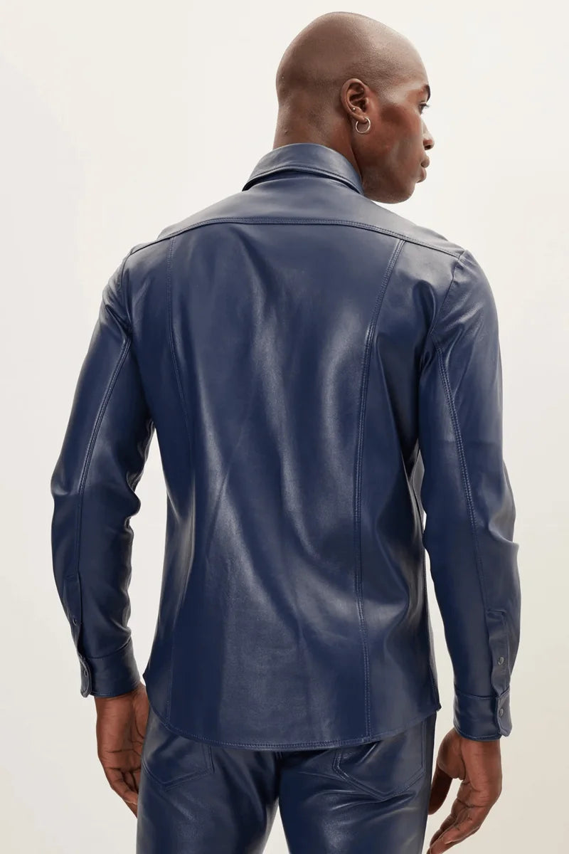 Men Genuine Lambskin Leather Shirt Blue - Taushif #