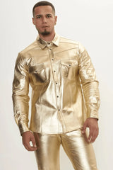 Men Genuine Lambskin Leather Shirt Gold - Taushif #