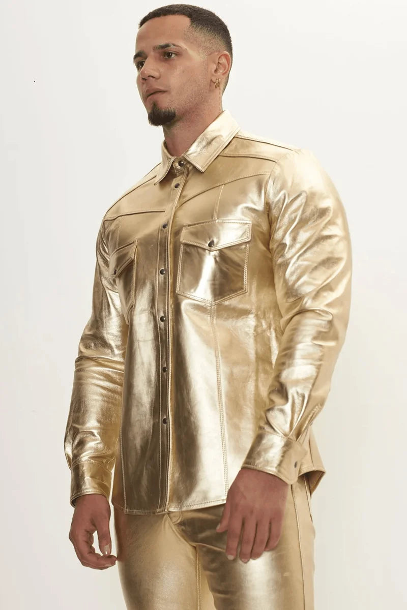 Men Genuine Lambskin Leather Shirt Gold - Taushif #