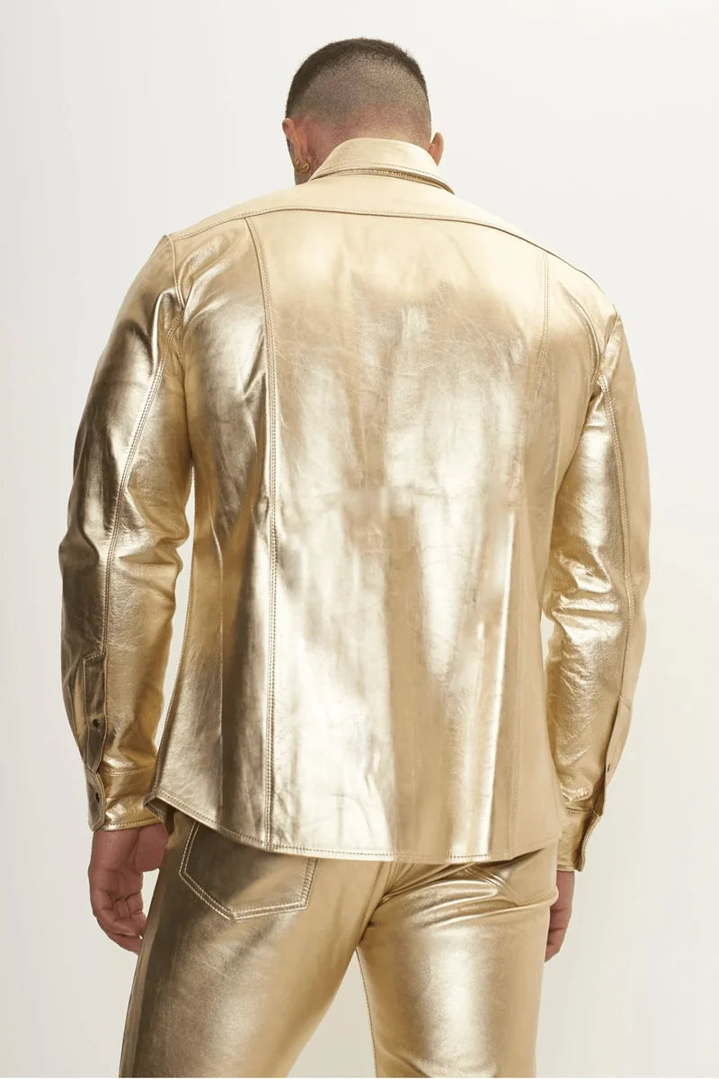 Men Genuine Lambskin Leather Shirt Gold - Taushif #