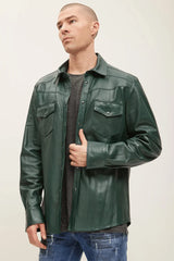 Men Genuine Lambskin Leather Shirt Green - Taushif #