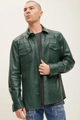 Men Genuine Lambskin Leather Shirt Green - Taushif #