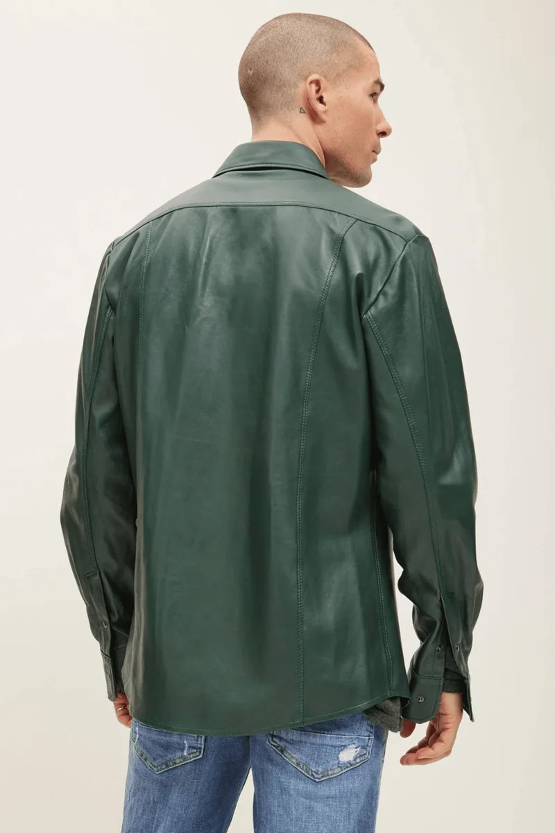 Men Genuine Lambskin Leather Shirt Green - Taushif #