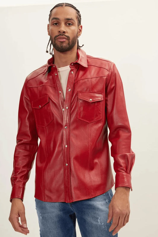 Men Genuine Lambskin Leather Shirt Red - Taushif #