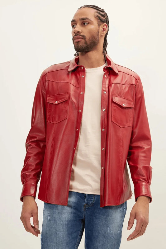 Men Genuine Lambskin Leather Shirt Red - Taushif #