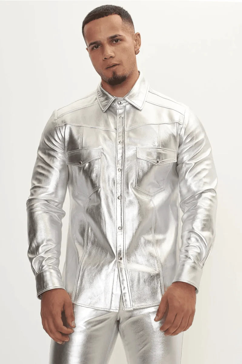 Men Genuine Lambskin Leather Shirt Silver - Taushif #