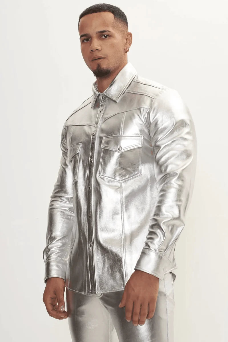 Men Genuine Lambskin Leather Shirt Silver - Taushif #